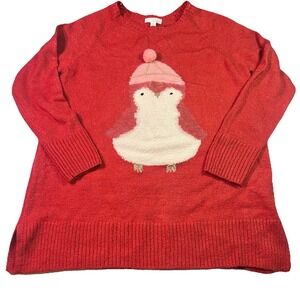 Lauren Conrad Women's Holiday Sweater Size Large Penguin Red Pink EUC